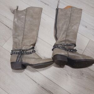 Stylish Gray Knee-High Boots with Chain Detail